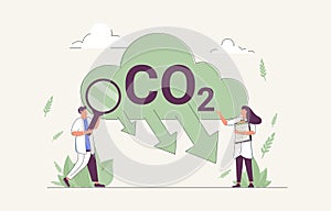 CO2 reduction to reduce carbon dioxide greenhouse gases tiny person concept. Alternative energy usage to eliminate