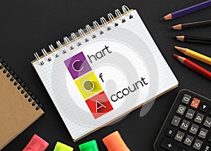 COA - Chart of Account acronym on notepad, business concept background photo