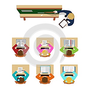 Coach blackboard and student in classroom top view vector flat