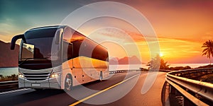 Coach bus traveling along a tranquil rural road, with a breathtaking sunset providing a captivating backdrop.