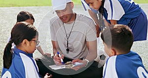 Coach, clipboard and children on field for soccer prepare for game, match and practice outdoors. Sports, teamwork and