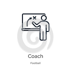 Coach icon. Thin linear coach outline icon isolated on white background from football collection. Line vector coach sign, symbol