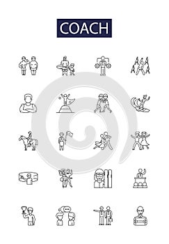 Coach line vector icons and signs. Trainer, Adviser, Guide, Tutor, Facilitator, Consultant, Instructor, Director outline