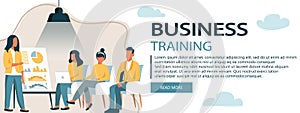 Coach speaking before audience. Mentor presenting charts and reports, Employees meeting at business training, seminar or conferenc