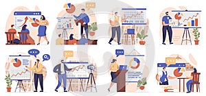 Coach speaking collection of scenes isolated. People learn at business training, career development, set in flat design. Vector