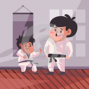 Coach is training karate with his student in white kimono using blackbelt father and son in dojo modern cartoon flat