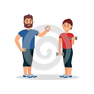 Coach training woman in gym. Trainer holding stopwatch, young girl doing exercise with dumbbells. Flat vector design