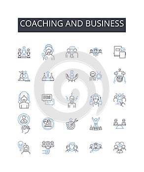 Coaching and business line icons collection. Leadership and management, Marketing and advertising, Nerking and outreach