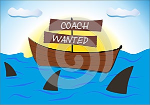 Coaching concept struggle in a boat on the sea among sharks