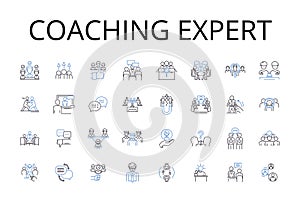 Coaching expert line icons collection. Strategic thinker, Leadership guru, Motivational speaker, Goal setter, Management