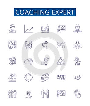 Coaching expert line icons signs set. Design collection of Mentor, Advisor, Guide, Tutor, Consultant, Facilitator