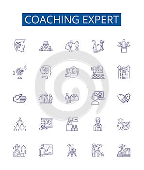 Coaching expert line icons signs set. Design collection of Mentor, Advisor, Guide, Tutor, Consultant, Facilitator