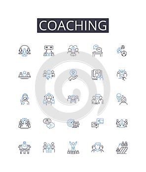 Coaching line icons collection. Mentoring, Guiding, Training, Instructing, Tutoring, Advising, Teaching vector and