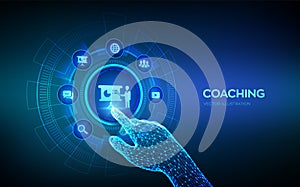 Coaching and mentoring concept on virtual screen. Personal development. Education and e-learning. Webinar, online training courses