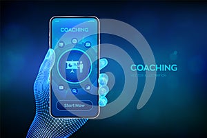 Coaching and mentoring concept on virtual screen. Personal development. Education and e-learning. Webinar, online training courses