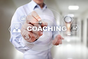 Coaching and mentoring on virtual screen. Personal development concept.