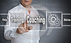 Coaching touch screen concept background is shown by man