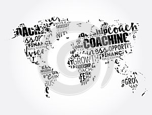 Coaching word cloud in shape of world map, business concept background