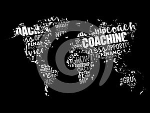 Coaching word cloud in shape of world map, business concept background