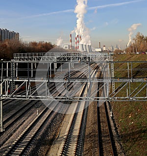 Coal burning power plant with smoke stacks, Moscow, Russia