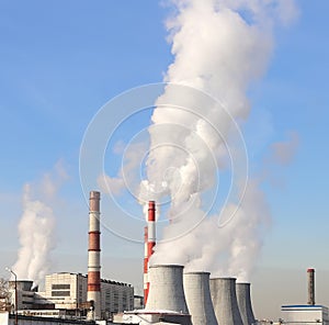 Coal burning power plant with smoke stacks, Moscow, Russia