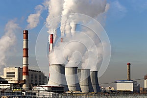 Coal burning power plant with smoke stacks, Moscow, Russia