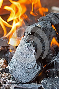 Coal and Fire. Burning Fire Bright Flames. Hot Charcoal Briquettes.