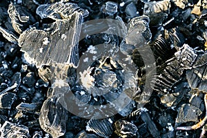 Coal in frost. Frozen coal texture.Heating season.First frosts and colds.coal in hoarfrost close-up