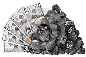 Coal heap and hundred dollar banknotes on white background isolated close up, black coal rock, money bundle, mineral fossil fuel