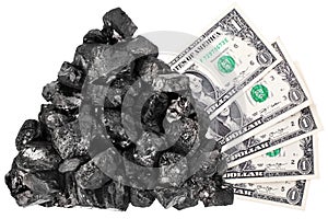 Coal heap and one dollar banknotes on white background isolated close up, black coal rock, money bundle, mineral fossil fuel price