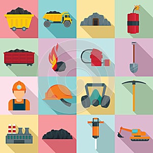 Coal industry icons set, flat style