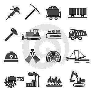 Coal industry, mine bold black silhouette icons set isolated on white. Excavator, hammer, pickaxe.
