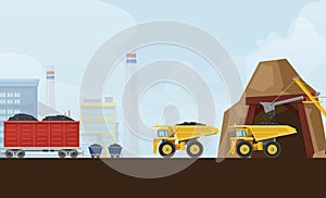 Coal industry mine metallurgy vector illustration with transportation equipment trucks with carbon and factory. Mining