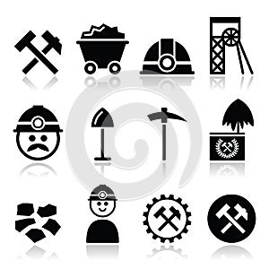 Coal mine, miner icons set