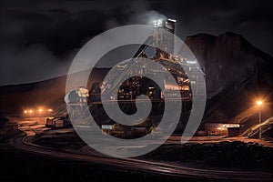 coal mine in the nighttime with its floodlights shining, providing a bright and illuminating view