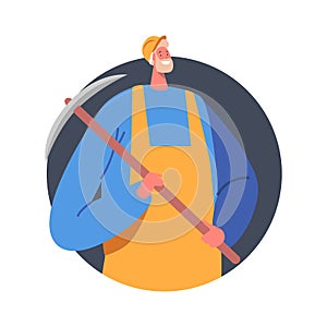 Coal Mining Concept. Mine Worker in Uniform and Helmet Holding Pickaxe in Hands Isolated Icon. Quarry Miner at Work photo