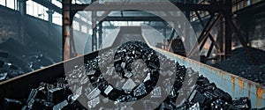 Coal mining conveyor filled with black coal chunks in an industrial landscape.