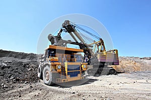 Coal mining. The dredge loads the truck coal.