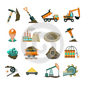 Coal mining equipment flat icons set