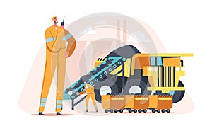 Coal Mining, Extraction Industry Concept. Miner Character Loading Coal in Truck. Engineers Work on Quarry with Transport