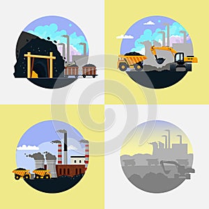 Coal mining industry set vector flat illustration