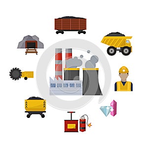 Coal mining industry and transportation vector illustration. Coalmine factory, rocks of coal, coalplough machine and