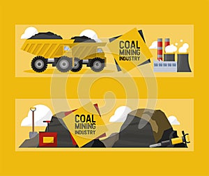 Coal mining industry and transportation vector illustration. Coalmine factory, rocks of coal, coalplough machine and