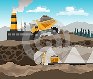 Coal mining. Miners with tools under ground. Industrial equipment and machinery on background in layers of soil. Miner