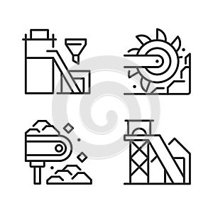 Coal mining process pixel perfect linear icons set