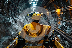 Coal mining vehicle operator at work in a dark underground mine