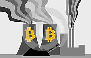 Coal power station with bitcoin cooling towers illustration, bitcoin mining using fossil fuels
