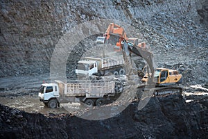 Coal-preparation plant. Big mining truck at work site coal trans