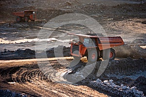 Coal-preparation plant. Big mining truck at work site coal trans