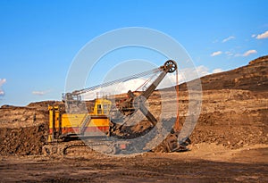 coal-preparation plant. Big yellow mining truck at work site coal transportation